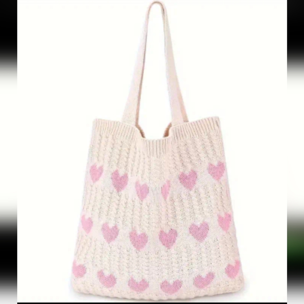 Handmade Pink Heart Patterned Knit Tote Bag